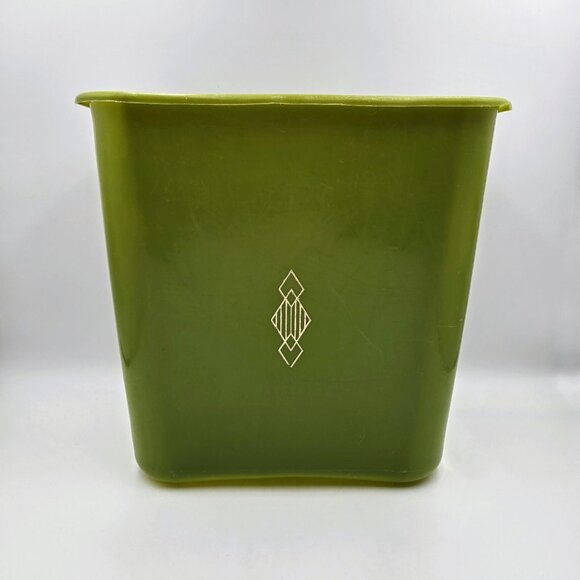 Vintage MCM Diamond Avocado Olive Green Plastic Wastebasket Garbage Trash Can - Picture 2 of 11